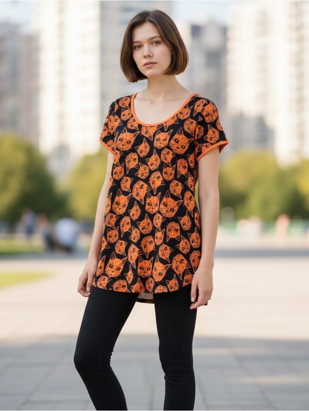LULAROE sz XX Small Cat Print Short Sleeve Top Orange Black